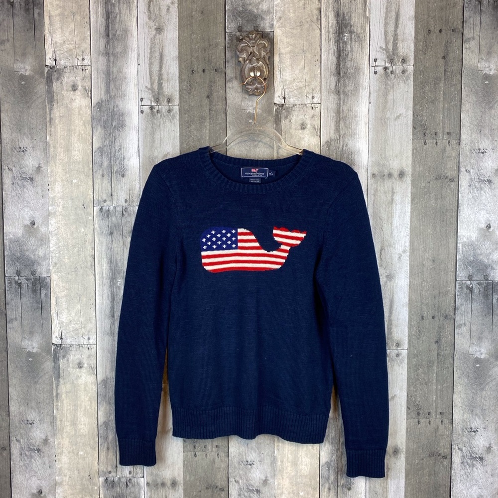 Vineyard Vines American Flag Whale Cotton Knit Sweater Size Large 16/18 Youth.